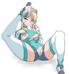  bandages blonde_hair blue_eyes breasts erisa_(fortnite) leg_up nekomata nipples pussy small_breasts thick_thighs thighs torn_clothes  rating:Explicit score:43 user:Makoto_Kou