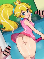  1girl 2boys after_masturbation aqua_eyes ass bar_censor blonde_hair breasts bukkake censored chiwino commission crown cum cum_on_body cum_on_clothes cum_on_hair dress earrings ejaculation from_behind highres jewelry large_breasts licking_lips male_masturbation mario_(series) mario_tennis masturbation multiple_boys naughty_face nintendo no_panties parted_lips penis pink_dress pixiv_commission ponytail princess_peach racket short_dress sideboob smile sphere_earrings tennis_racket tongue tongue_out 