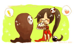  ! 1girl arakune arc_system_works black_hair blazblue blazblue:_calamity_trigger blush boh_(pixiv422546) cake china_dress chinese_clothes dress closed_eyes female_focus food glasses happy happy_birthday lao_jiu litchi_faye_ling long_hair open_mouth ponytail solo very_long_hair 