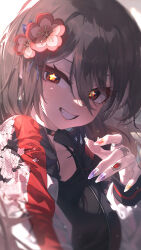  1girl absurdres alternate_costume black_choker black_shirt blush bomber_jacket brown_hair choker clenched_teeth collarbone fingernails floral_print flower flower-shaped_pupils genshin_impact grin hair_flower hair_ornament highres hu_tao_(genshin_impact) jacket jewelry long_fingernails long_hair looking_at_viewer multicolored_nails multiple_rings open_mouth red_eyes ring shirt sidelocks smile solo sushispin symbol-shaped_pupils teeth upper_body white_jacket 
