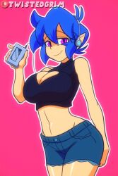  1girl animated blue_hair bouncing_breasts breasts cleavage cleavage_cutout clothing_cutout dancing emi_(twistedgrim) heart_cutout large_breasts listening_to_music looking_at_viewer solo tank_top twistedgrim  rating:Questionable score:15 user:Potent2again