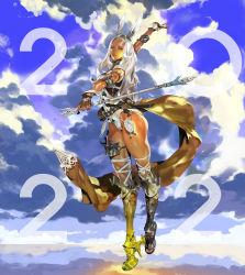  1girl 2022 animal_ears armlet armor armored_shoes belt belt_pouch braveking breasts brown_gloves buckle closed_mouth cloud cloudy_sky clover_print couter crossed_legs dark-skinned_female dark_skin final_fantasy final_fantasy_xiv fingerless_gloves full_body gloves gorget greaves grey_eyes hair_over_shoulder high_heels highres holding holding_staff horizon knife leotard looking_at_viewer medium_breasts nail_polish original platform_footwear platform_heels poleyn pouch rabbit_ears reflection reflective_water sheath sheathed shiny_skin sky solo spread_fingers staff standing strap thigh_armor thigh_bands tiptoes toeless_footwear viera waist_cape white_hair white_leotard white_nails white_wrist_cuffs wrist_cuffs 