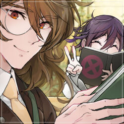  2boys ^_^ black_scarf book brown_jacket checkered_clothes checkered_scarf closed_eyes closed_mouth coattails collared_jacket collared_shirt commentary_request covered_mouth danganronpa_(series) danganronpa_v3:_killing_harmony elbow_on_table eyelashes fingernails glasses gokuhara_gonta green_hair hair_between_eyes holding holding_book indoors jacket layered_sleeves long_sleeves looking_at_viewer lowres male_focus multiple_boys necktie oma_kokichi open_book overgrown plant purple_hair red_eyes round_eyewear scarf shirt short_hair sleeves_past_wrists smile two-tone_scarf u_u_ki_u_u upper_body v vines white_jacket white_scarf white_shirt white_sleeves wide_sleeves yellow_necktie 