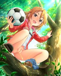 1girl annindoufu_(oicon) ball blue_shorts blush brown_eyes brown_footwear brown_hair censored cleft_of_venus denim denim_shorts highres holding holding_ball hood hoodie idolmaster idolmaster_cinderella_girls in_tree lens_flare light_rays loli long_hair long_sleeves looking_at_viewer nude_filter open_clothes open_hoodie open_mouth outdoors panties panties_around_leg peeing pussy red_hoodie shirt shoes shorts shorts_around_one_leg sky smile soccer_ball solo squatting sunbeam sunlight teeth third-party_edit tree uncensored underwear white_panties white_shirt yuuki_haru rating:Explicit score:128 user:akarin_akari