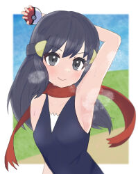 1girl absurdres arm_up armpits bad_id bad_pixiv_id bare_shoulders black_eyes blue_sky border breasts commentary_request creatures_(company) dawn_(pokemon) eyelashes female_focus game_freak head_tilt highres holding holding_poke_ball kion_(namarock8686) looking_at_viewer nintendo outdoors poke_ball pokemon pokemon_dppt purple_hair scarf sidelocks simple_background sky sleeveless small_breasts smell smile steam steaming_body sweat upper_body white_border rating:Sensitive score:48 user:danbooru