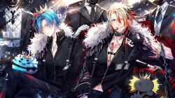  5boys alternate_costume altventurer_(regis_altare) axel_syrios axelotl_(axel_syrios) black_necktie black_shirt blonde_hair blue_eyes blue_hair blush bow bowtie butler chain cloak collar commentary crossed_legs crown crown_(artist) earrings english_commentary fur-trimmed_cloak fur_trim gloves green_eyes grin hair_between_eyes holding holding_tray holostars holostars_english jewelry looking_at_viewer male_focus mask money multiple_boys necklace necktie one_eye_closed red_hair regis_altare shirt short_hair sitting slime_(creature) smile spikes suspenders tongue tongue_out tray virtual_youtuber white_gloves 