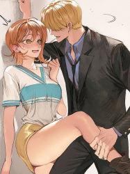  1boy 1girl @_@ black_suit blonde_hair blush breasts candy eyes_closed food formal hetero leg_hold legs lollipop looking_at_another loose_necktie manly nami_(one_piece) necktie nervous_smile nose_blush one_piece orange_hair pinned role_reversal runa_(artist) sanji shirt short_hair short_sleeves skirt suit sweatdrop wall_slam white_shirt yellow_skirt  rating:Questionable score:36 user:danbooru