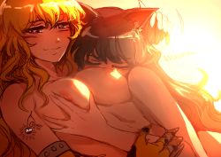  2girls black_hair blake_belladonna blonde_hair grabbing_another&#039;s_breast breasts cherry_in_the_sun cleavage closed_eyes grabbing hug large_breasts long_hair lying mechanical_arms multiple_girls nipples nude on_back on_side prosthesis prosthetic_arm purple_eyes rwby single_mechanical_arm smile spoilers yang_xiao_long yuri  rating:Questionable score:62 user:danbooru