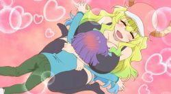 1boy 1girl animated animated_gif black_shirt black_thighhighs blonde_hair blue_shirt blush breast_smother breasts cleavage closed_eyes dragon_horns face_to_breasts hair_between_eyes hat heart heart_background horns huge_breasts kobayashi-san_chi_no_maidragon long_hair long_sleeves lucoa_(maidragon) magatsuchi_shouta open_mouth pants purple_hair shirt shorts sleeveless sleeveless_shirt thighhighs thighs rating:Questionable score:85 user:PuttHutt
