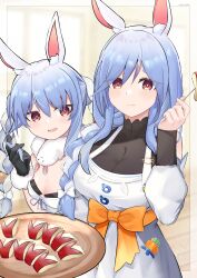  2girls absurdres animal_ears apple_rabbit black_bodysuit black_gloves black_leotard blue_hair bodysuit bow braid braided_ponytail breasts carrot_hair_ornament choppy_bangs coat_dress commentary detached_sleeves don-chan_(usada_pekora) dress food food-themed_hair_ornament food_art fur-trimmed_gloves fur_scarf fur_trim gloves hair_ornament herrscher_of_dominance highres holding holding_tray hololive indoors kanadeho large_breasts leotard leotard_under_clothes long_hair long_sleeves looking_at_viewer mature_female mother_and_daughter multicolored_hair multiple_girls orange_sash pekomama rabbit-shaped_pupils rabbit_ears red_eyes scarf short_eyebrows small_breasts strapless strapless_leotard streaked_hair symbol-shaped_pupils thick_eyebrows tray twin_braids twintails two-tone_hair usada_pekora usada_pekora_(1st_costume) virtual_youtuber waist_bow white_dress white_hair white_scarf 