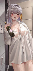  1girl against_wall alcohol bandaged_head bandages blush bottle breasts collared_shirt drooling drunk furrowed_brow goddess_of_victory:_nikke grey_hair hair_between_eyes hair_ribbon highres holding holding_bottle indoors large_breasts light_switch long_hair looking_at_viewer modernia_(first_affection)_(nikke) modernia_(nikke) mouth_drool naked_shirt open_door open_mouth oversized_clothes partially_unbuttoned red_eyes ribbon saliva shadow shirt single_hair_intake single_off_shoulder single_sidelock smile teeth upper_teeth_only wet wet_clothes white_shirt xia_0328 yellow_ribbon 
