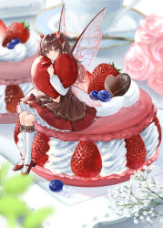  1girl absurdres blueberry brown_eyes brown_hair brown_skirt candy chocolate chocolate_heart closed_mouth cup dot_nose fairy fairy_wings flower food fruit hair_ribbon heart heart-shaped_pillow highres kneehighs long_hair looking_at_viewer macaron mary_janes mini_person minigirl nagisa_(pan_to_honey) original pillow pink_flower pink_rose pointy_ears red_footwear red_ribbon ribbon rose shoes skirt smile socks solo strawberry sweets teacup twintails valentine whipped_cream white_socks wings 