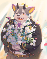  1boy absurdres animal_ears belphegor_(housamo) belt blush bouquet cowboy_shot demon_horns dog_boy dog_ears dog_tail epaulettes falling_petals fat flower furry furry_male gold_trim highres holding holding_bouquet horns jacket lapels looking_at_viewer male_focus necktie one_eye_closed open_mouth petals pink_necktie seamonsterping sharp_teeth shirt signature solo tail teeth thick_eyebrows tokyo_houkago_summoners white_flower white_shirt 