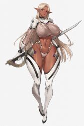  1girl arm_behind_back blonde_hair bodysuit boots breasts closed_mouth commentary crop_top dark-skinned_female dark_elf dark_skin elf full_body gloves gluteal_fold gurimjang highres holding holding_sword holding_weapon large_breasts long_hair looking_at_viewer navel original parted_bangs pointy_ears red_eyes revealing_clothes shrug_(clothing) simple_background skindentation solo standing stomach sword thigh_boots weapon white_background white_footwear white_gloves wide_hips 