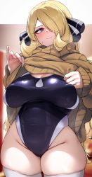  1girl blonde_hair blurry blurry_background blush breasts closed_mouth clothes_lift commentary competition_swimsuit covered_erect_nipples covered_navel creatures_(company) cynthia_(pokemon) feet_out_of_frame game_freak grey_eyes groin hair_ornament hair_over_one_eye highleg highleg_swimsuit highres impossible_clothes impossible_swimsuit kashu_(hizake) large_breasts lifting_own_clothes long_hair long_sleeves nintendo one-piece_swimsuit pokemon pokemon_dppt skindentation sleeves_past_wrists solo sweat sweater sweater_lift swimsuit symbol-only_commentary thick_thighs thighhighs thighs turtleneck turtleneck_sweater very_long_hair wide_hips  rating:Sensitive score:185 user:danbooru