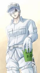  1boy baseball_cap black_eyes commentary_request cup disposable_cup gloves hair_over_one_eye hand_in_pocket hat hataraku_saibou highres holding holding_cup knife knife_sheath male_focus open_mouth pale_skin sheath smile solo takumi1230g thigh_sheath u-1146 white_blood_cell_(hataraku_saibou) white_gloves white_hair 