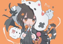  1girl animal_ears black_dress blush bow brown_eyes brown_hair cat_tail dress food ghost hair_ornament halloween highres holding looking_at_viewer orange_background orange_bow oreoreoreo original simple_background solo tail 