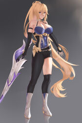  absurdres abyss_flower bianka_durandal_ataegina bianka_durandal_ataegina_(dea_anchora) black_pants blonde_hair boots breasts freed_turing gloves highres honkai_(series) honkai_impact_3rd lance large_breasts pants polearm ponytail weapon  rating:General score:2 user:mastercheif1229