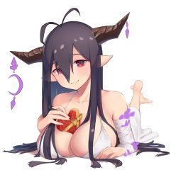 1girl absurdres antenna_hair bandaged_arm bandages black_hair blush breasts candy chocolate chocolate_heart cleavage danua draph dress food fuamaa granblue_fantasy hair_between_eyes heart highres horn_ornament horns jewelry large_breasts long_hair looking_at_viewer lying necklace on_stomach pointy_ears purple_hair red_eyes simple_background smile solo white_background white_dress rating:Sensitive score:9 user:danbooru