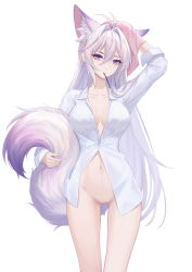 1girl absurdres animal_ear_fluff animal_ears breasts highres kirby_d_a large_breasts long_hair long_sleeves looking_at_viewer naked_shirt original purple_eyes pussy shirt simple_background slit_pupils solo standing tail white_background white_hair white_shirt rating:Explicit score:21 user:danbooru