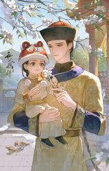  1boy 1girl 2boys absurdres architecture bird black_hair braid braided_ponytail branch brown_eyes carrying child chinese_text day east_asian_architecture flower highres holding hutou_hat long_hair long_sleeves manchu_clothes multiple_boys outdoors qing_dynasty smile snow sparrow very_long_hair yutou_jun 