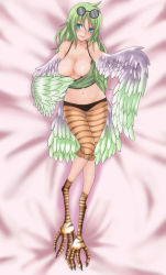  1girl bare_shoulders blue_eyes blush breasts breasts_out cleavage clothes_pull coke-bottle_glasses dakimakura_(medium) eyewear_on_head feathered_wings from_above glasses green_eyes green_hair harpy highres large_breasts long_hair lying matching_hair/eyes midriff monet_(one_piece) monster_girl navel nipples no_bra on_back one_piece shirt_pull smile solo striped_legwear talons tank_top tsugurusu_kyohou winged_arms wings  rating:Questionable score:97 user:capu