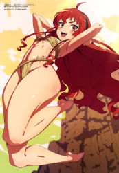  abs absurdres ahoge armpits bandeau barefoot black_hairband breasts cloud eris_greyrat fujii_shingo full_body fundoshi hairband highres japanese_clothes jumping long_hair looking_at_viewer megami_magazine midair mushoku_tensei navel official_art open_mouth red_eyes red_hair small_breasts solo thick_eyebrows thighs toned toned_female very_long_hair wide_hips  rating:Sensitive score:378 user:danbooru