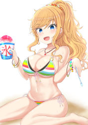  1girl absurdres artist_request bikini blonde_hair blue_eyes blush bracelet breasts cleavage food highres idolmaster jewelry large_breasts long_hair looking_at_viewer multicolored_clothes navel ohtsuki_yui open_mouth ponytail shaved_ice side-tie_bikini_bottom sitting solo striped swimsuit tagme  rating:Explicit score:13 user:pingas37