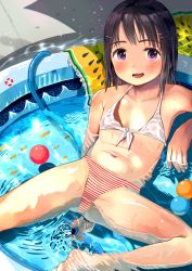 1girl absurdres barefoot bikini blush collarbone day dot_nose female_focus flat_chest hair_ornament hairclip highres loli looking_at_viewer lying masuda_(yousaytwosin) navel on_back open_mouth pool purple_eyes purple_hair shiny_skin short_hair smile solo spread_legs striped_bikini striped_clothes swimsuit teeth upper_teeth_only wet wet_clothes rating:Questionable score:134 user:dogfin