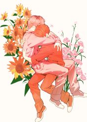  2boys arm_around_neck collared_jacket cross-laced_footwear flower full_body hands_on_another&#039;s_back head_on_another&#039;s_shoulder highres hug jacket jersey long_sleeves male_focus mukai_kouji multiple_boys pants petals pink_flower pink_footwear pink_hair pink_jacket pink_pants pink_rose pink_sleeves pocket qiuqiumao real_life red_footwear red_hair red_jacket red_pants red_sleeves rose sakuma_daisuke shoes short_hair simple_background sleeves_past_elbows sleeves_past_wrists sneakers snow_man_(jpop) sunflower sweatpants white_background yaoi yellow_flower 