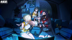  4girls absurdres ahoge artist_request belt between_breasts black_belt black_gloves black_mask blonde_hair book breasts can chips_(food) clothes_writing commentary controller copyright_name copyright_notice couch curtained_hair elegg_(nikke) energy_drink english_commentary english_text exia_(nikke) fang fingerless_gloves flower food game_controller game_controller_print gloves goddess_of_victory:_nikke grin hair_between_eyes hair_flower hair_intakes hair_ornament hair_over_eyes handheld_game_console hands_up highres holding holding_controller holding_game_controller indoors large_breasts long_hair long_sleeves looking_at_viewer maiden_(nikke) multicolored_hair multiple_girls nail_polish official_art on_couch open_mouth pillow playing_games potato_chips red_eyes red_flower red_rose rose second-party_source shirt short_shorts shorts single_bare_shoulder skin_fang smile squiggle thigh_strap thighhighs thighs trony_(nikke) two-tone_hair very_long_hair white_shirt window_blinds 