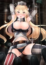 10s 1girl american_flag american_flag_legwear arms_up asymmetrical_legwear black_panties blonde_hair blush breasts cleavage elbow_gloves flag_print front-tie_top garter_straps gloves hair_between_eyes headgear iowa_(kancolle) kantai_collection large_breasts long_hair looking_at_viewer miniskirt mismatched_legwear open_mouth panties shin_(new) skirt solo star-shaped_pupils star_(symbol) striped_clothes striped_thighhighs suggestive_fluid symbol-shaped_pupils thighhighs underwear vertical-striped_clothes vertical-striped_thighhighs yellow_eyes rating:Questionable score:20 user:danbooru