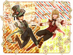 10s 2boys ace_(playing_card) ace_of_clubs ace_of_diamonds alice_in_wonderland animal_ears barnaby_brooks_jr. blonde_hair brown_eyes card club_(shape) diamond_(shape) domino_mask facial_hair full_body glasses green_eyes hat jack_(playing_card) jack_of_clubs_(playing_card) jack_of_diamonds jack_of_hearts kaburagi_t._kotetsu king_(playing_card) king_of_clubs king_of_hearts_(playing_card) mad_hatter_(alice_in_wonderland) male_focus mask multiple_boys playing_card pocket_watch queen_(playing_card) queen_of_clubs rabbit_ears shiratama_(mofutto) stubble tiger_&amp;_bunny top_hat vest waistcoat watch white_rabbit_(alice_in_wonderland)