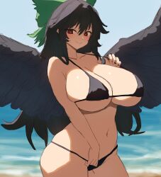  1girl bikini_pull black_wings blue_sky bow breasts cleavage closed_mouth clothes_pull commentary_request cowboy_shot green_bow groin hair_bow highres huge_breasts looking_at_viewer moriforest1040 navel outdoors pulling_own_clothes red_eyes reiuji_utsuho sky smile solo touhou wings 