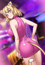  1girl absurdres animal_ears ass blonde_hair blue_eyes blurry blurry_background cat_ears cat_girl cat_tail highres injuotoko original second-party_source smile tail  rating:Sensitive score:6 user:CharlieBubblegum