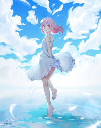  1girl aqua_sky arms_behind_back artist_name arusuko backlighting bare_arms bare_legs barefoot blue_sky blurry bokeh breasts closed_mouth cloud cloudy_sky day depth_of_field dot_nose dress feathers floating_hair frilled_dress frilled_straps frills full_body gradient_sky hair_between_eyes hair_down happy kaname_madoka light_particles looking_at_viewer looking_back luminous_(madoka_magica) mahou_shoujo_madoka_magica mahou_shoujo_madoka_magica_(anime) mahou_shoujo_madoka_magica_movie_1_&amp;_2 medium_hair nape outdoors pink_eyes pink_hair ripples shadow shallow_water sky sleeveless sleeveless_dress small_breasts smile soles solo spaghetti_strap standing standing_on_liquid standing_on_one_leg tareme water white_dress white_feathers 