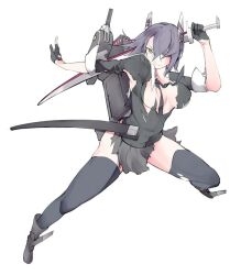  1girl backpack bag black_footwear black_gloves black_necktie black_shirt black_skirt black_thighhighs breasts cleavage closed_mouth commentary_request eyepatch fighting_stance full_body gloves grey_hair hair_between_eyes headgear kantai_collection large_breasts long_bangs looking_at_viewer necktie partially_fingerless_gloves rudder_footwear shirt short_hair simple_background skirt smile solo sword tenryuu_(kancolle) thighhighs torn_clothes torn_shirt torn_skirt tugmix weapon white_background yellow_eyes 