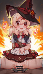 1boy 1girl absurdres bar_censor blonde_hair blush bow bowtie censored commentary_request cowgirl_position cum cum_in_pussy cum_overflow dress dress_bow drooling flat_chest genshin_impact hair_between_eyes hair_ribbon hat heart hetero highres klee_(blossoming_starlight)_(genshin_impact) klee_(genshin_impact) loli looking_at_viewer luxuriou_s medium_hair mixed-language_commentary no_panties official_alternate_costume open_mouth paid_reward_available penis pov pov_crotch pussy pussy_juice red_bow red_bowtie red_eyes red_ribbon ribbon sex short_dress short_sleeves solo_focus spread_legs straddling twintails vaginal variant_set veins veiny_penis witch_hat rating:Explicit score:185 user:danbooru