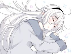 1girl aphilia_(kiyomin) bare_shoulders black_hairband blush closed_eyes commentary_request fang floral_background grey_shirt hair_between_eyes hair_flaps hairband kiyomin long_hair long_sleeves lying off_shoulder on_side original parted_lips pinching_sleeves shirt simple_background sleeping sleeves_past_wrists solo upper_body very_long_hair white_background white_hair 