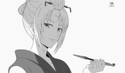  1girl collarbone commentary_request dated dyxm facial_scar folded_ponytail gintama greyscale hair_ornament holding holding_smoking_pipe looking_at_viewer monochrome smoking_pipe portrait scar scar_on_cheek scar_on_face signature smile solo tsukuyo_(gintama) upper_body 