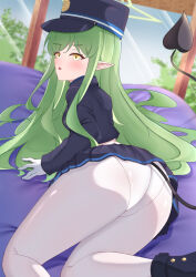  1girl ass bent_over blue_archive blue_jacket blue_skirt blush commentary_request cropped_jacket curly_hair day demon_girl demon_tail from_behind green_hair green_halo halo hat highres hikari_(blue_archive) indoors jacket long_hair looking_at_viewer looking_back lying midriff_peek miniskirt on_side open_mouth panties panties_under_pantyhose pantyhose pleated_skirt skirt solo sumikoto tail thighs underwear very_long_hair yellow_eyes 