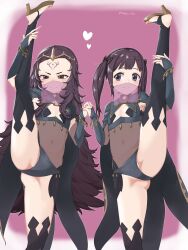  2girls alternate_costume black_hair black_panties blade_ride cape cosplay dark_mage_(fire_emblem_fates) facial_mark female_focus fire_emblem fire_emblem_fates forehead_mark heart highres holding_hands loli long_hair looking_at_viewer mask messy_hair midori_(fire_emblem) mouth_mask mouth_veil multiple_girls navel nintendo nyx_(fire_emblem) panties short_hair simple_background split standing standing_on_one_leg standing_split thighs tiara twintails underwear veil very_long_hair  rating:Questionable score:41 user:S.A.K.I77