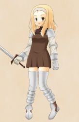  1girl armor blonde_hair boots brown_eyes female_focus final_fantasy final_fantasy_tactics full_body hairband krs_(pixiv139418) long_hair simple_background solo squire_(fft) sword thighhighs weapon 