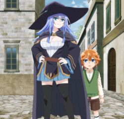  1boy 1girl blue_eyes blue_hair breasts cape charlotte_wraith cleavage hands_on_own_hips hat highres large_breasts legs long_hair looking_at_viewer skirt smile stitched tensei_kizoku_kantei_skill_de_nariagaru thighhighs thighs third-party_edit witch_hat 