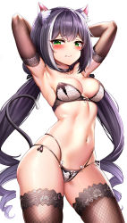 1girl 3: absurdres animal_ear_fluff animal_ears armpits arms_behind_head arms_up black_choker black_hair blush bra breasts brown_gloves brown_thighhighs cat_ears cat_girl cat_tail choker cleavage collarbone contrapposto cowboy_shot drill_hair elbow_gloves embarrassed fishnet_thighhighs fishnets frown gloves green_eyes highres karyl_(princess_connect!) lingerie long_hair looking_at_viewer low_twintails medium_breasts multi-strapped_panties multicolored_hair navel panties princess_connect! purple_hair shy side-tie_panties simple_background skindentation solo standing stomach strapless strapless_bra streaked_hair string_panties sunhyun tail tail_raised thighhighs twin_drills twintails underwear underwear_only very_long_hair white_background white_bra white_panties rating:Sensitive score:219 user:danbooru
