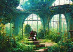  1girl abandoned ai-assisted black_hair bow broken_window chibi column destruction detached_sleeves frilled_bow frilled_hair_tubes frills fumo_(doll) hair_bow hair_tubes hakurei_reimu nontraditional_miko overgrown pillar post-apocalypse red_bow red_skirt rei_(tonbo0430) ruins scenery skirt skirt_set tagme touhou 