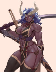  1girl 20s abs armband armpits ass asymmetrical_horns bag bare_shoulders biceps blue_earrings blue_eyes blue_hair bracelet breasts collarbone dark-skinned_female dark_blue_hair dark_skin deltoids dress earrings fanny_pack highres horns huge_sword jewelry katana large_breasts leotard linea_alba long_hair looking_to_the_side muscular muscular_arms muscular_ass muscular_female muscular_legs navel navel_piercing no_background no_panties nonneim obliques oni oni_girl oni_horns open_clothes open_dress original patterned_clothing pelvic_curtain piercing pinup_(style) pointy_ears purple_leotard purple_nails red_string sash satchel sheath simple_background solo string sword tall_female thick_thighs thighhighs thighs thunder_thighs triceps uneven_horns weapon 