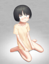  1girl absurdres bare_legs barefoot blush breasts closed_mouth collarbone feet female_focus full_body highres looking_at_viewer no_pants original paid_reward_available sc_naru shirt short_sleeves sitting small_breasts solo thighs toes wariza yellow_shirt 
