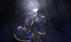  1boy black_background black_gloves blue_eyes blue_hair blue_theme capelet closed_mouth from_side frown giving gloves glowing hair_between_eyes kaito_(vocaloid) light_particles long_sleeves looking_at_viewer male_focus outstretched_arm project_diva_(series) rosa_blue_(module) sleeve_cuffs upper_body vocaloid witchonly 
