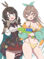  2girls ahoge aqua_eyes asymmetrical_legwear at_gunpoint belt bikini black_belt black_gloves black_hair bow breasts brown_cloak brown_corset brown_eyes brown_hair brown_thighhighs cape cleavage cleavage_cutout cloak clothing_cutout commentary contrapposto corset cosplay costume_switch crossed_bangs double-parted_bangs english_commentary feather_hair_ornament feathers frilled_skirt frills gloves green_bow green_cape green_jacket hair_between_eyes hair_bow hair_ornament halterneck hands_up highres holding holding_water_gun hololive hololive_english hood hooded_jacket jacket knees_out_of_frame lantern leather_belt long_hair long_sleeves medium_breasts midriff miniskirt multicolored_clothes multicolored_hair multicolored_jacket multiple_girls nanashi_mumei nanashi_mumei_(1st_costume) nanashi_mumei_(cosplay) navel nervous_sweating off_shoulder official_alternate_costume one_eye_closed oozora_subaru oozora_subaru_(cosplay) oozora_subaru_(hololive_summer_2019) open_mouth partially_fingerless_gloves pleated_skirt pointing_gun pouch red_skirt shirt short_hair single_thighhigh skirt standing streaked_hair striped_bikini striped_clothes sweat swept_bangs swimsuit teeth thighhighs twitter_username two-sided_cape two-sided_fabric two-tone_jacket upper_teeth_only very_long_hair vinhnyu virtual_youtuber water_gun white_background white_hair white_shirt yellow_bikini yellow_jacket 